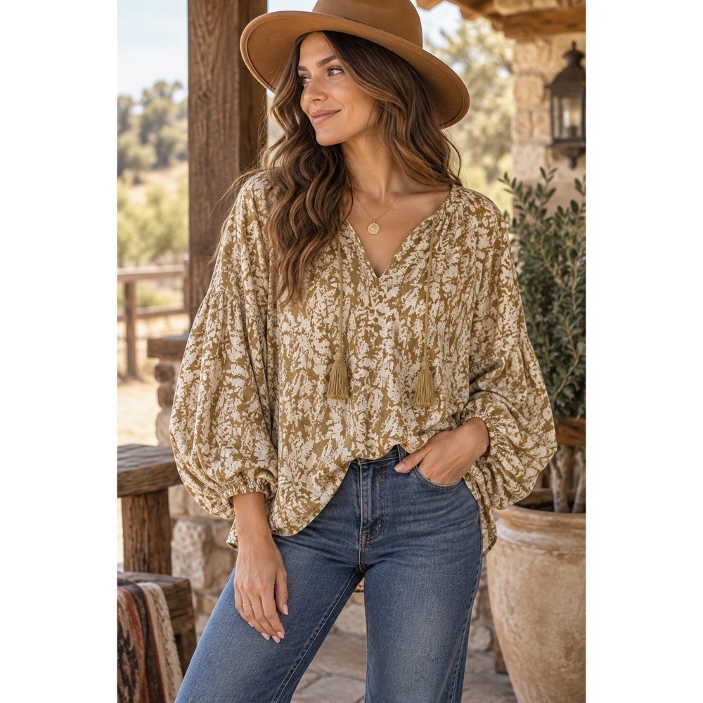 Hayden Los Angeles Botanical Blouse S Tan Ivory Tassel Balloon Sleeve Boho